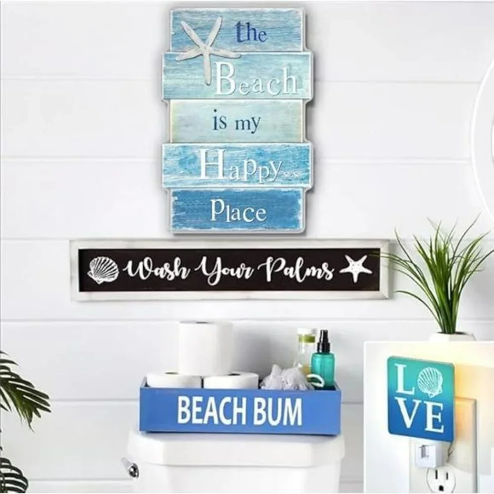 Coastal Beach Wall Art Wooden Sign Starfish Ocean Decor for Bathroom Bedroom